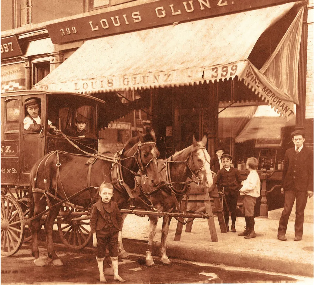 An early horse drawn beer buggy from the 19th Century for Louis Glunz Beer.