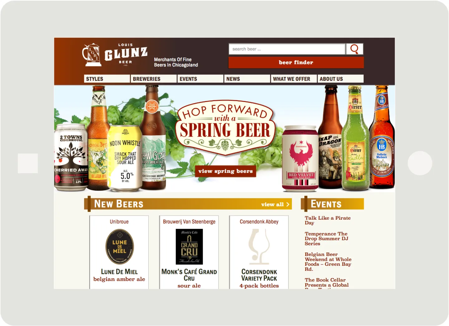 Tablet home page for glunzbeers.com