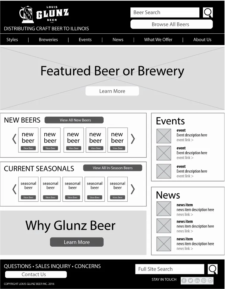 Desktop home page wireframe for glunzbeers.com