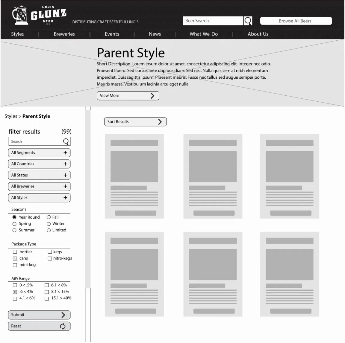 Desktop product search page wireframe for glunzbeers.com