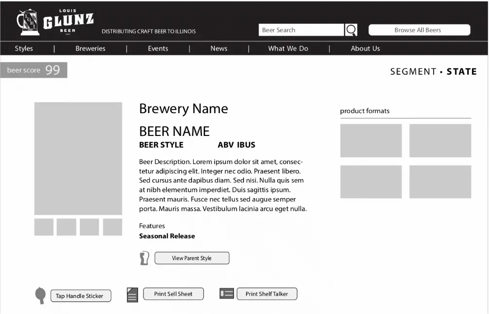 Desktop product details page wireframe for glunzbeers.com