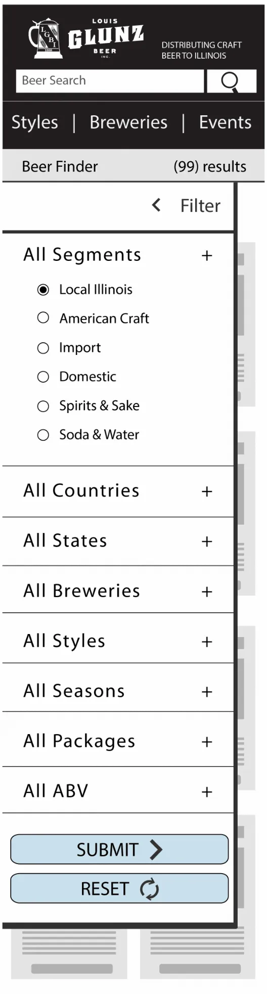Mobile search filters wireframe for glunzbeers.com