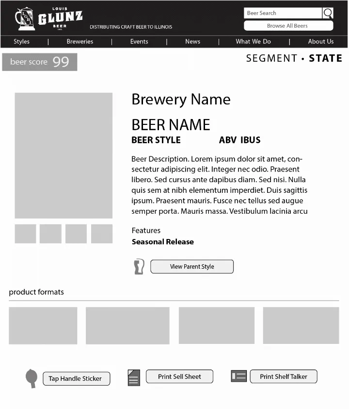 Product search cards wireframe for glunzbeers.com