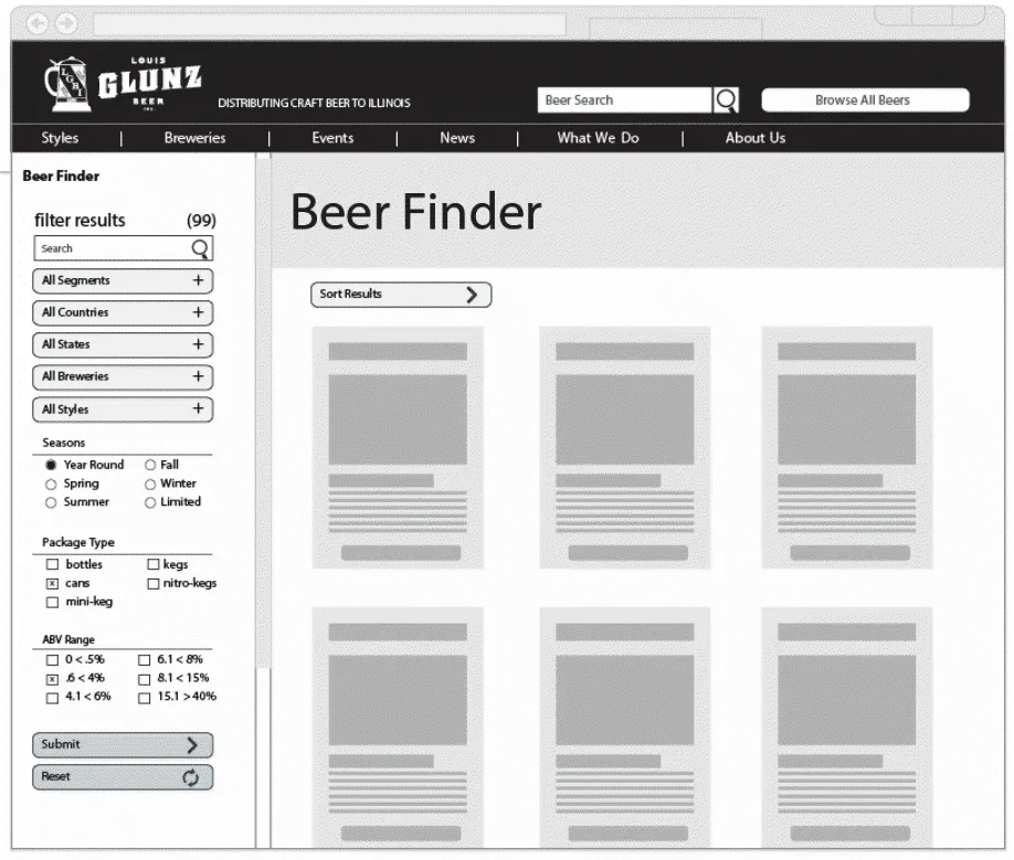 Product search page wireframe for glunzbeers.com