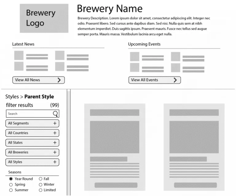 Brewery details tablet page wireframe for glunzbeers.com