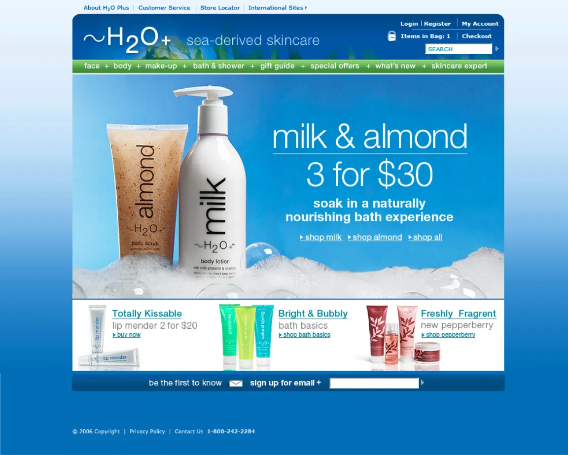 H2O Plus earliest homepage from the 90's