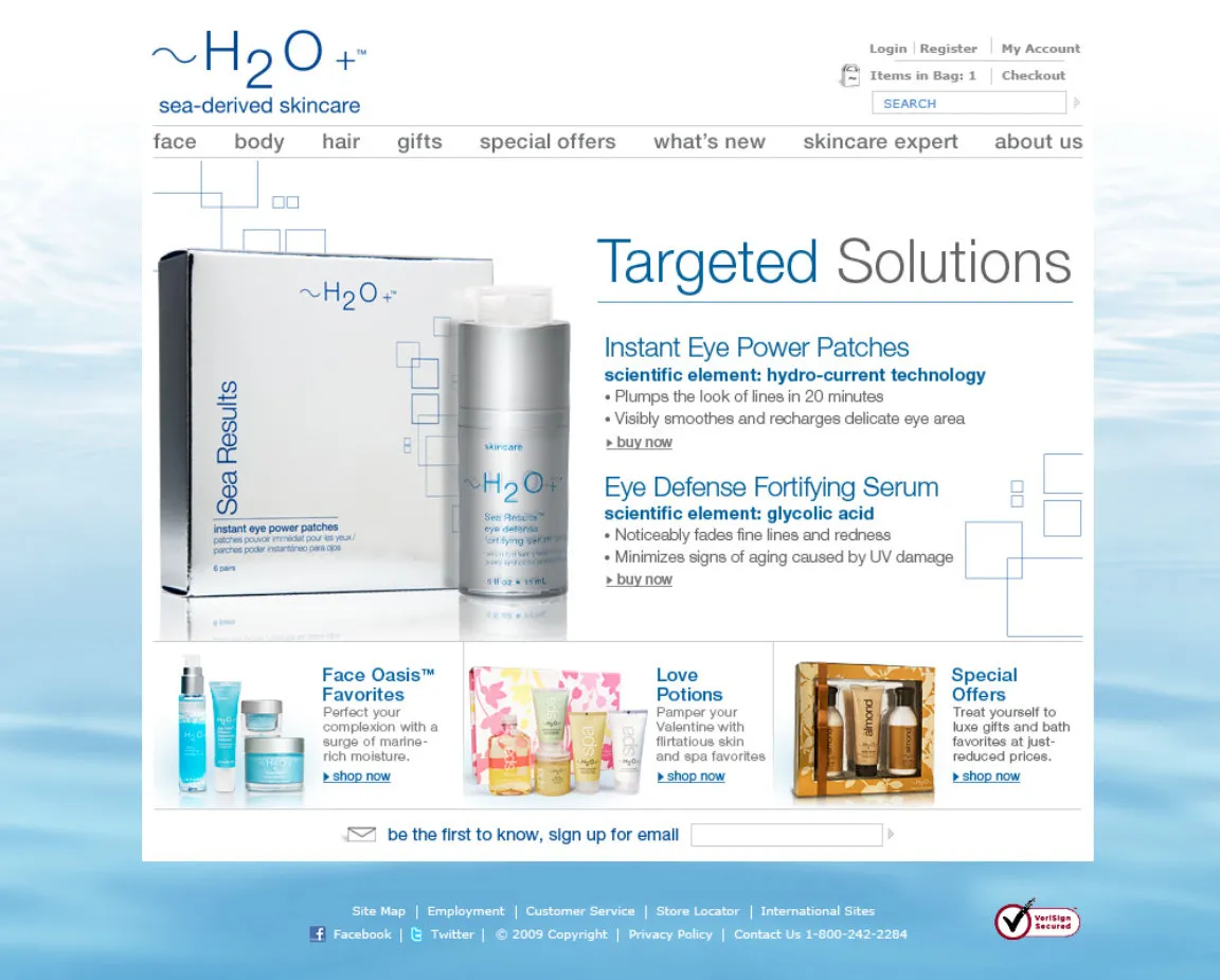 H2O Plus classic homepage, with a lighter cleaner feel.