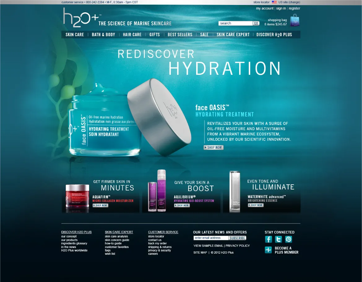 H2O Plus rebranding homepage with a boxless look and a deep water-like background.