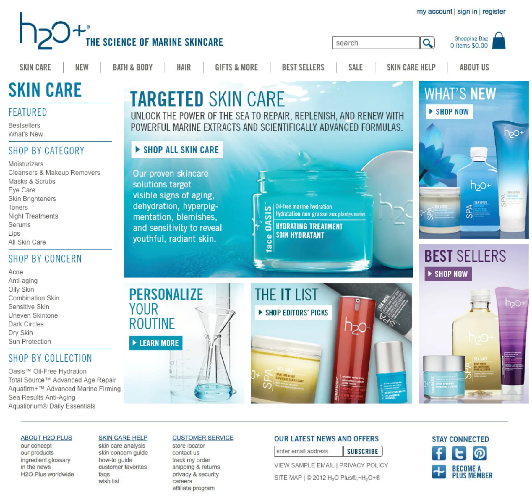 H2O Plus gateway page featuring the different skin care collections.