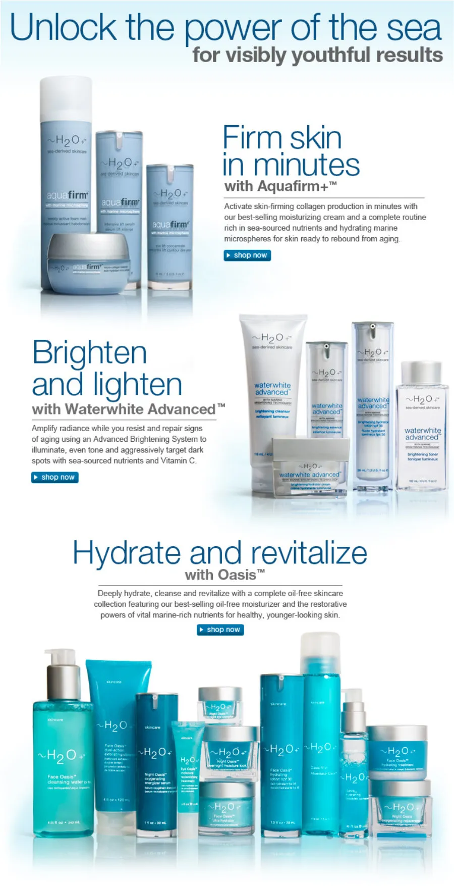 H2O Plus landing page featuring the skin care collections.