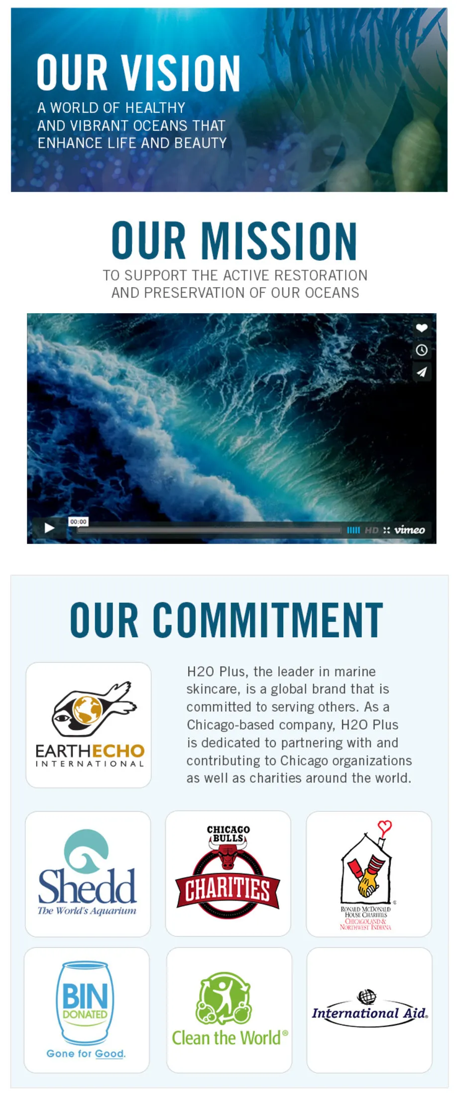 H2O Plus landing page featuring the company's many philanthropic endeavors.