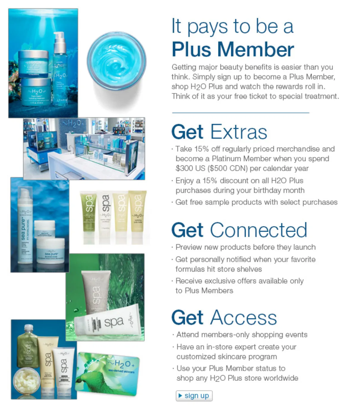 H2O Plus landing page selling the benefits of the customer loyalty program.