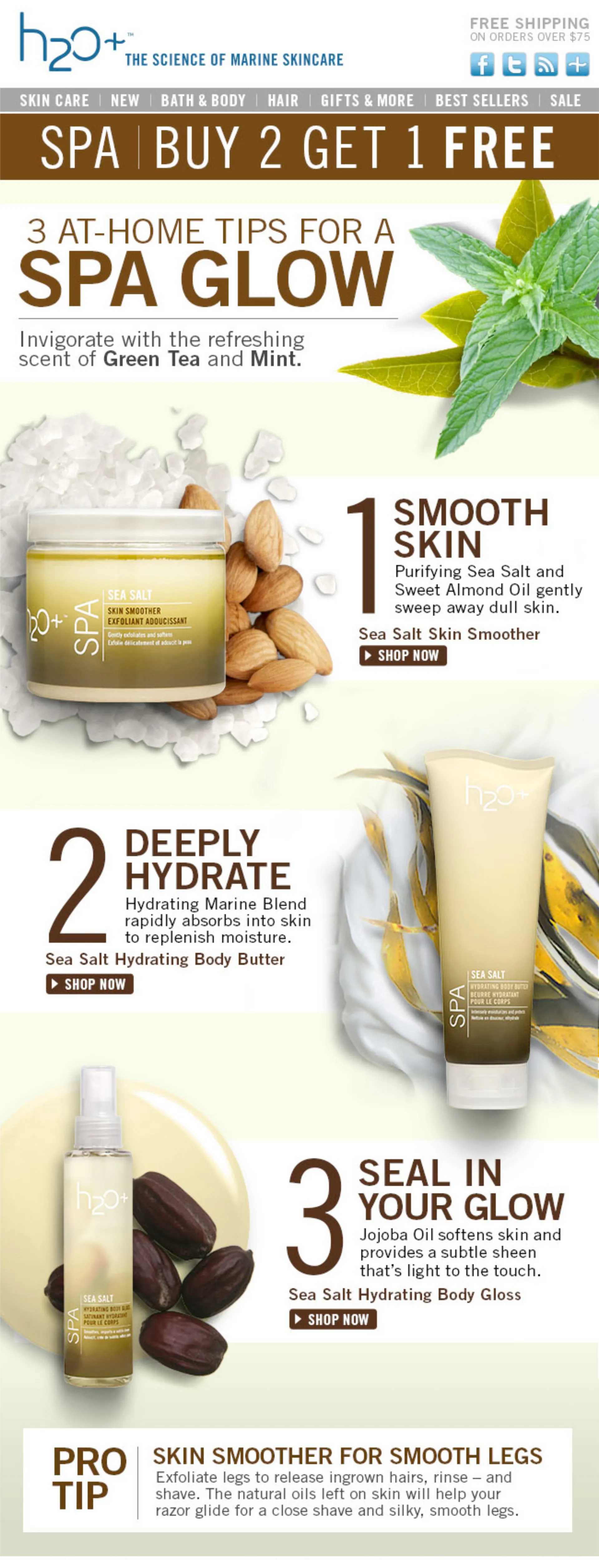 H2O Plus email featuring spa product photos with close up shots of the product texture and key ingredients.