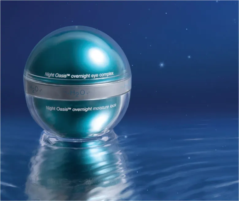 A styled photo of a night treatment gel on a starry night background with rippling water.