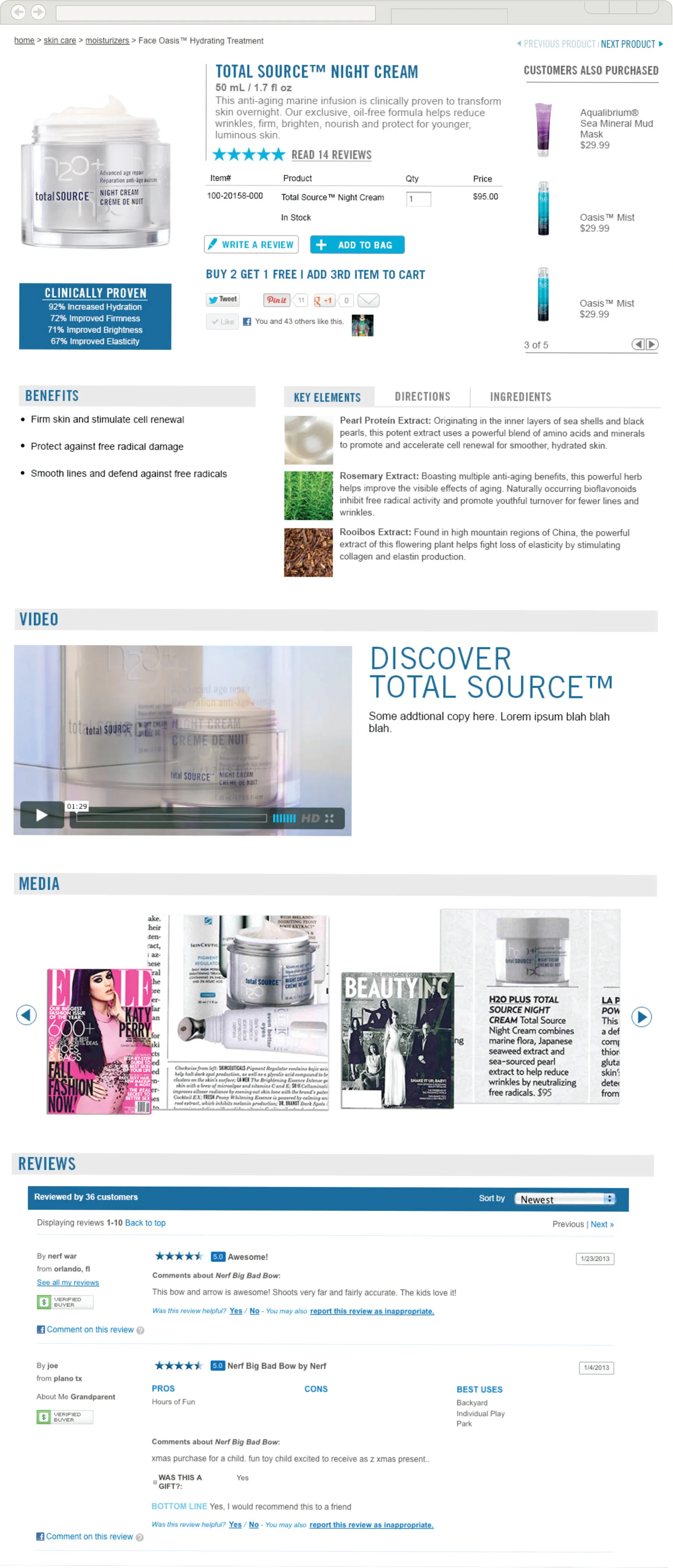 H2O Plus product details page, featuring a product description, suggested products above the fold, key elements and full ingredients, videos, media appearances and reviews.